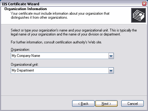 At the Organization Information, state your Company Name and Department
