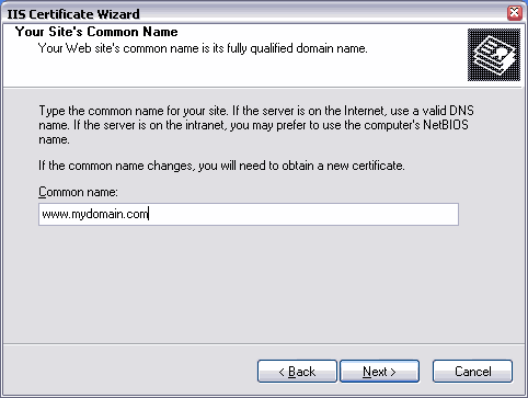 At the Your Site's Common Name screen, enter the domain name (e.g. yourdomain.com) or fully qualified domain name (e.g. www.yourdomain.com). Whatever you enter here will be exactly what the certificate will be able to be used on