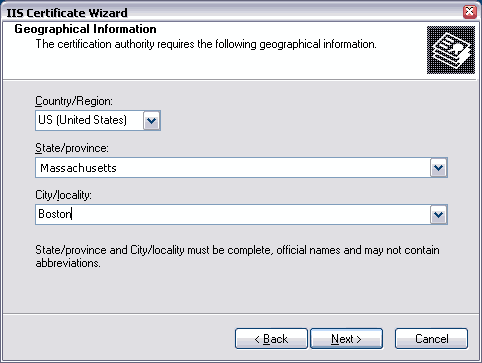 At the Geographical Information screen, enter your country, state and city