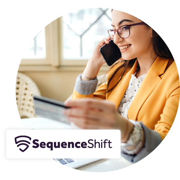 image of a woman paying over the phone with the SequenceShift logo